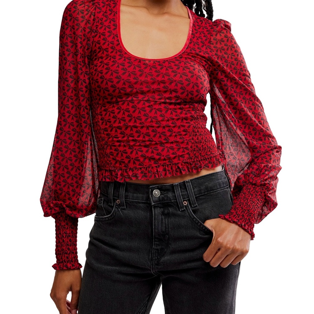 Free People Red Dottie Printed Long Sleeve Top